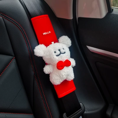 Car Seat Belt Cover Shoulder Seat belt shoulder pad - white-dog-red-velvet-shoulder-strap