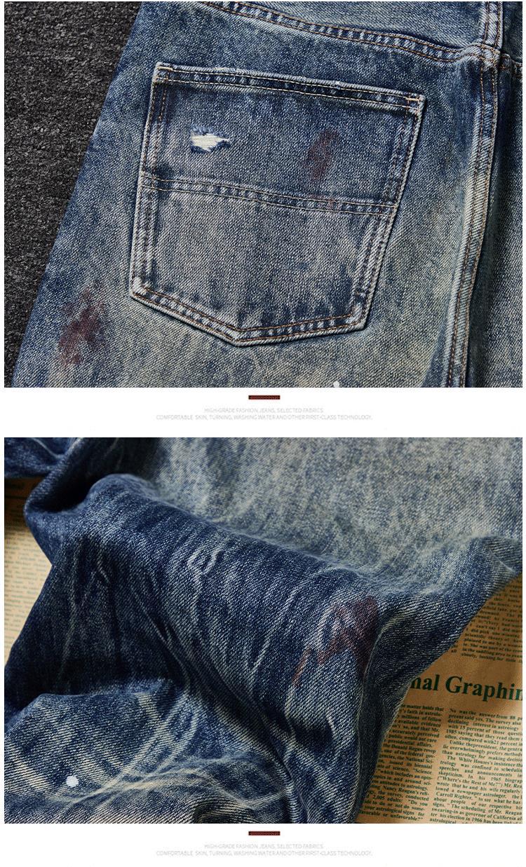 ​​Men's Premium Heavyweight Vintage Jeans – Streetwear Distressed Washed Denim Pants, Relaxed Straight-Leg Fit, Light Blue​​_mkmklike.com