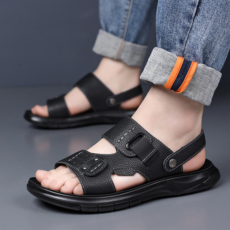 Dép sandal nam da bò lớp đầu đế dày kiểu hở ngón đi biển — Màu nâu, màu đen