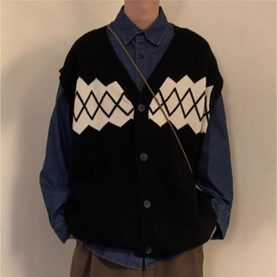 Contrast Color Rhomboid Vest Winter New Loose BF Retro College Style Knitted Sweater Vest Jacket Men's Cardigan Sweater