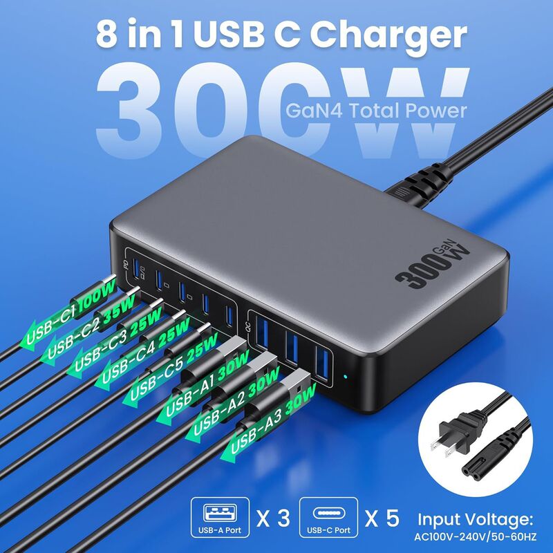 Carefully Selected Gallium Nitride 300W Multi-Port Mobile Phone Charger Type-C Multi-Port High-Power Desktop Charging Station Carefully Selected Gallium Nitride 300W Multi-Port Mobile Phone Charger Type-C Multi-Port High-Power Desktop Charging Station