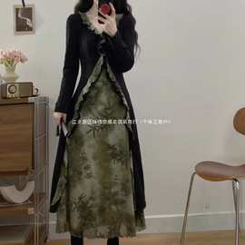 春新款扎染假两件领长裙女大码胖新中式清冷禅意风连衣裙