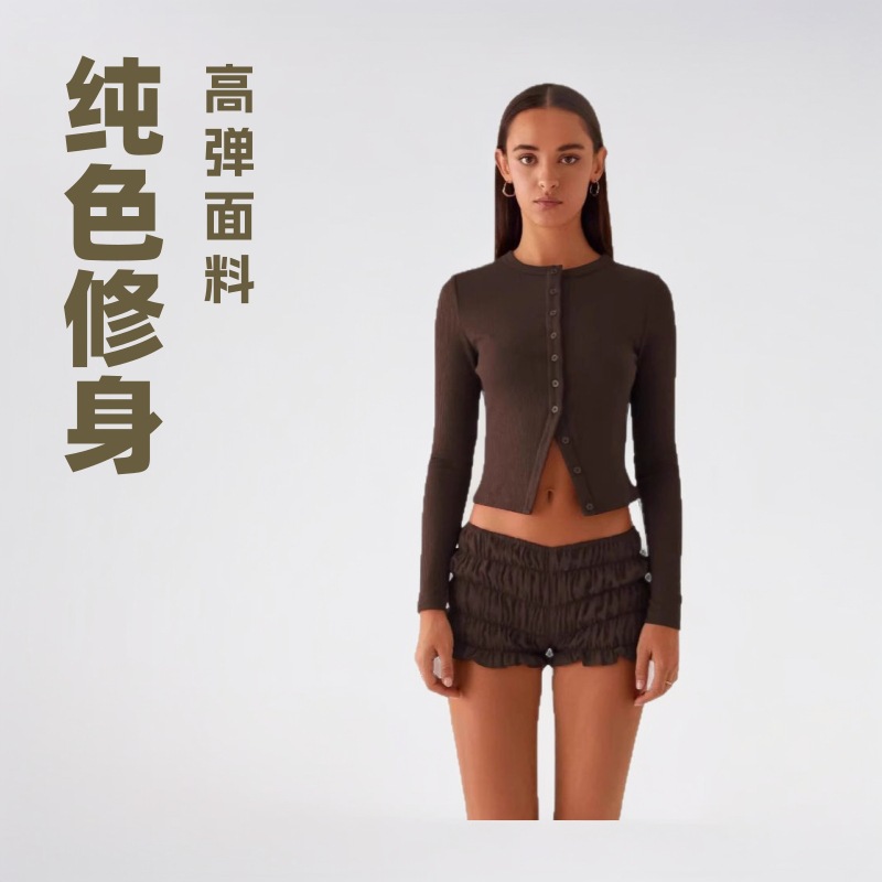 ebay跨境欧美女装2025春夏季新款纯色修身感长款纽扣开衫上衣