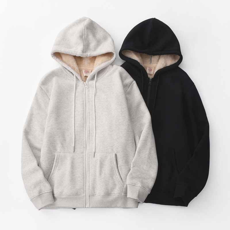 가을 겨울 남성용 아메리칸 헤비급 램스울 재킷 후드 루즈 스웨트셔츠 지퍼 가디건 플러스 벨벳 두꺼운 따뜻한 면 재킷