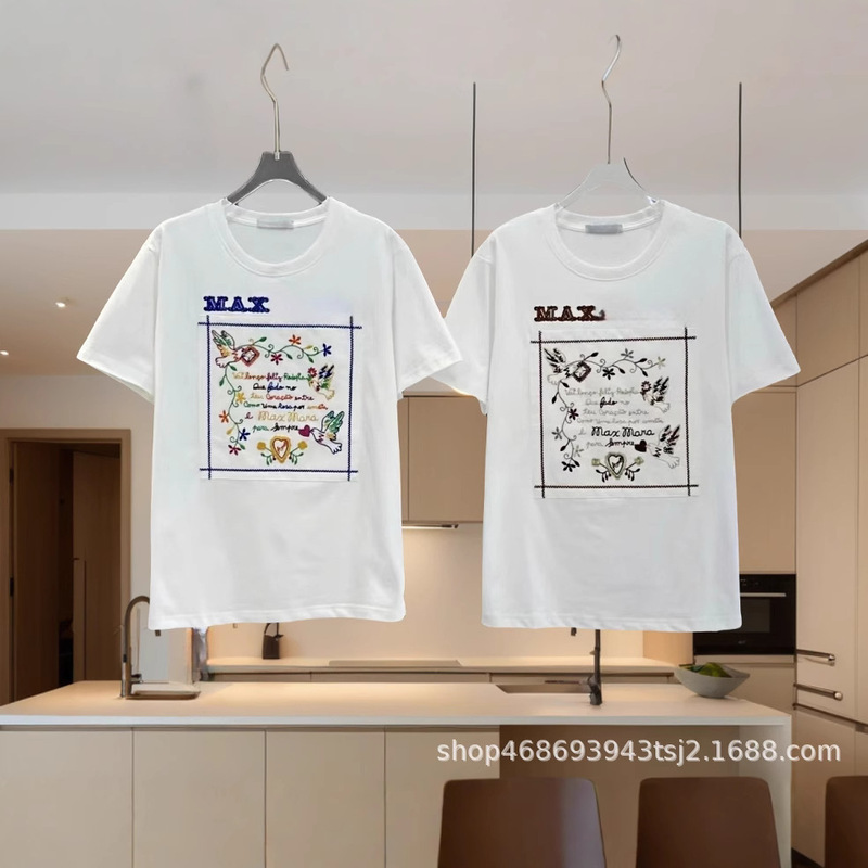 Max25 Summer New Embroidered Loose Cotton Short-Sleeved Tops for Women, Casual and Versatile Cartoon Graffiti T-Shirts