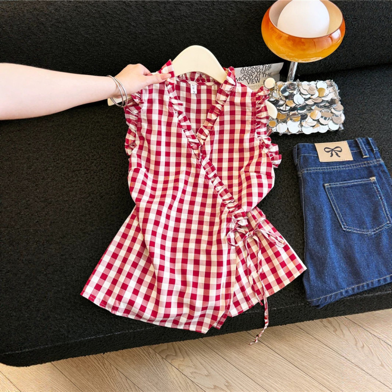 Retro Plaid Sleeveless Vest Shirt for Women, Summer Niche Design with Ruffled Cross-Tie Waist-Cinching V-Neck Top