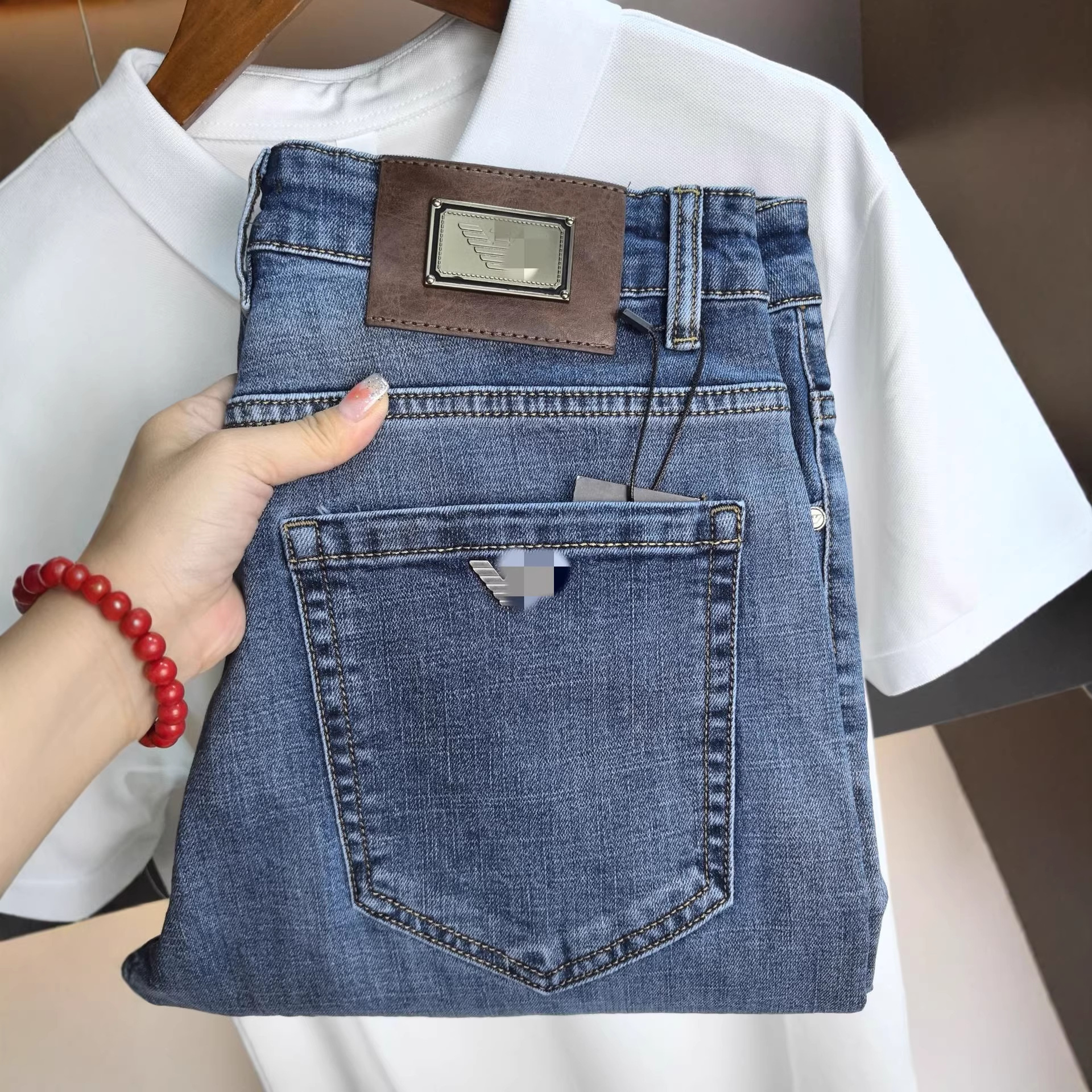 Old Eagle 하이 엔드 유럽 남성 청바지 블루 사계절 향수 스트레치 워시 슬림 스몰 스트레이트 남성 바지