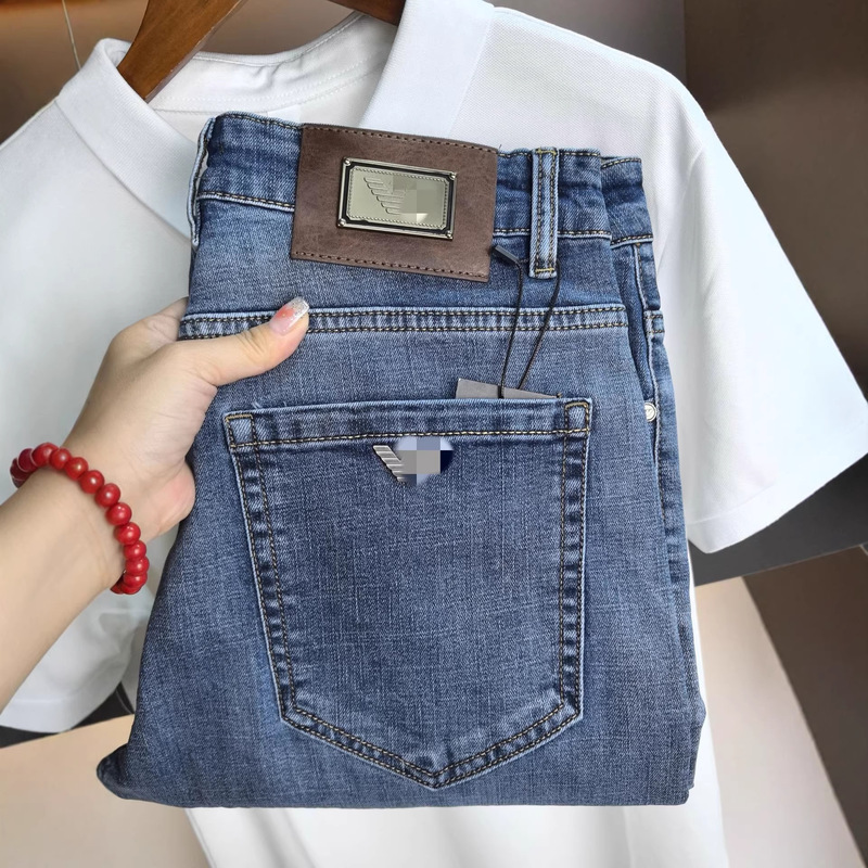 Old-Brand Eagle High-End European Men's Jeans Blue Four-Season Nostalgic Stretch Washed Slim Straight Men's Pants