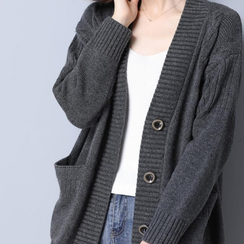 Original Foreign Trade Woven Cardigan for Women, Mid-Length, Stylish Outerwear, New Autumn and Winter Style, Plus Size, Thick Sweater Coat for Plus-Size Women