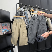 冬儿童美式做旧斜纹一体绒工装裤男童女童复古加绒加厚直筒裤长裤