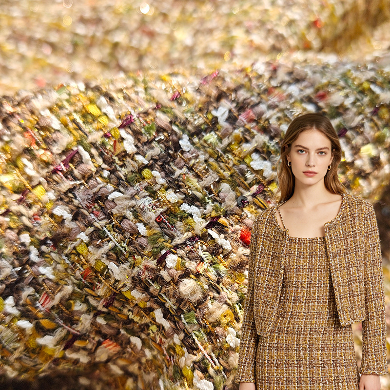 Golden Brown Tweed Fabric with Colorful Dots, Herringbone Pattern Tweed Fabric for Autumn and Winter Women's Clothing
