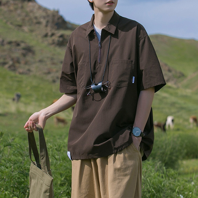 2025 New Summer Japanese Style Half Zip Short-sleeved T-shirt Boys Summer Loose Boys Casual Tooling POLO Shirt