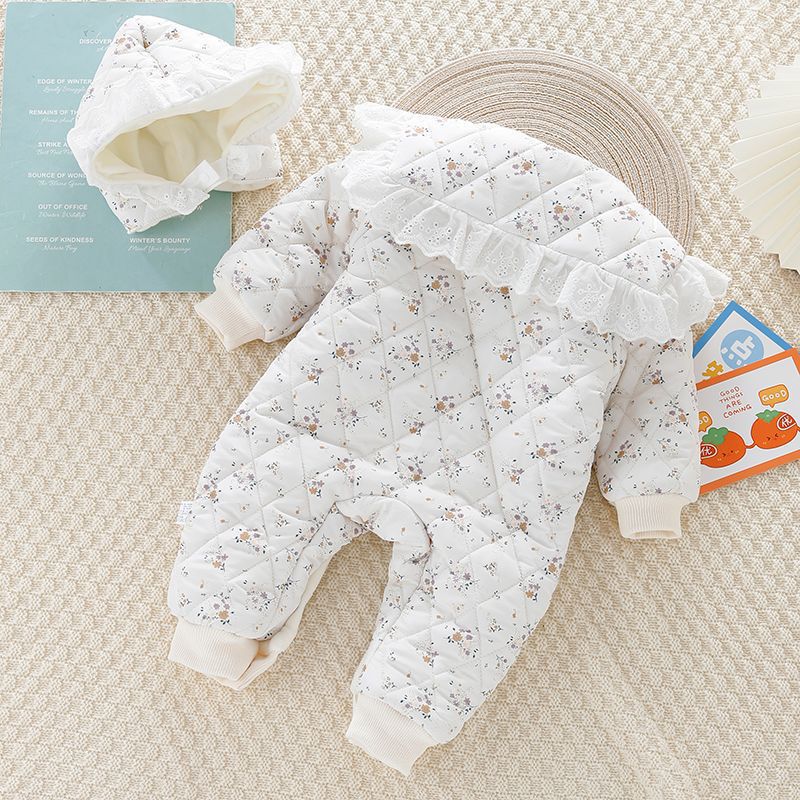 Vestido de una pieza para bebé de estilo occidental, engrosado y cálido, traje de escalada para niñas de otoño e invierno, mameluco floral recién nacido más terciopelo con capucha