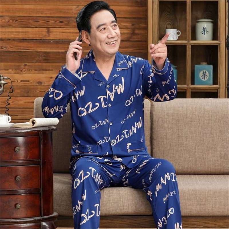 Pijamas de mediana edad y ancianos hombres 100% algodón primavera y otoño manga larga otoño e invierno más tamaño viejo papá traje de uso doméstico
