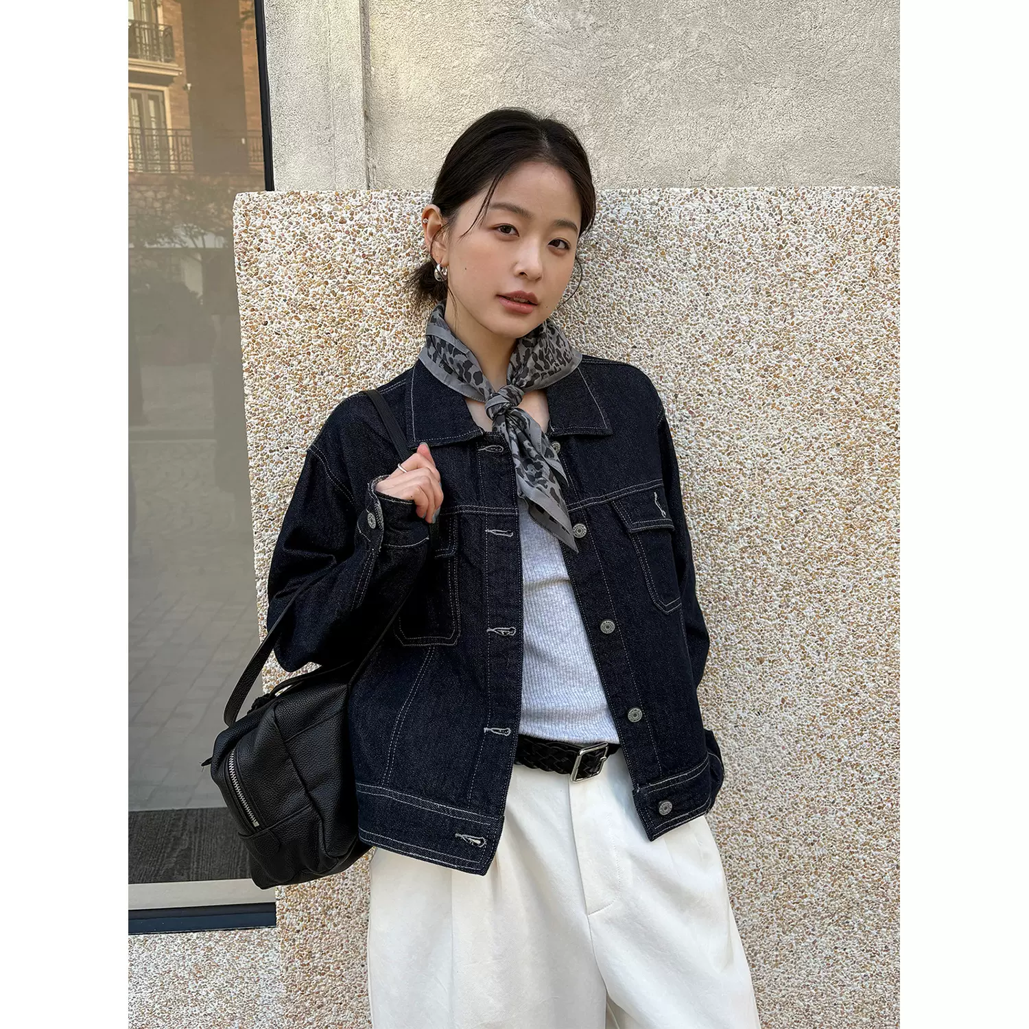 TG 小个子bi备 复古休闲格纹袖口牛仔夹克2026春新款短外套26169