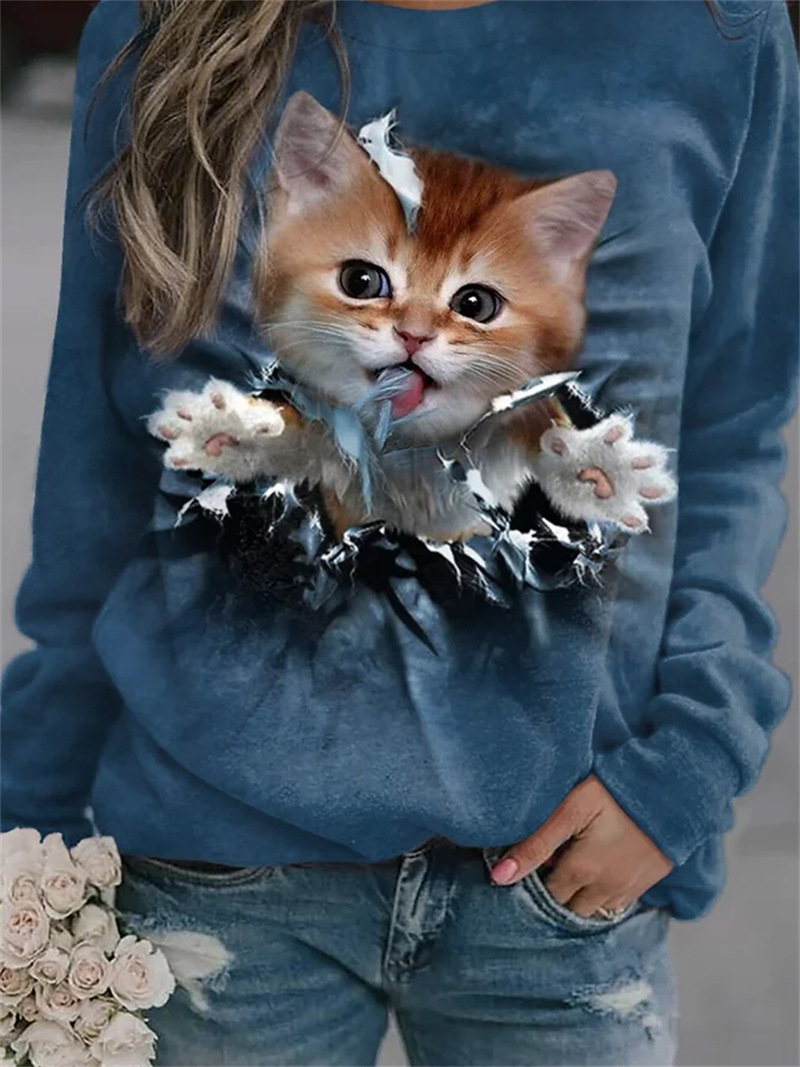 Frau Kapuzenpullover Lange Ärmel T-shirts Drucken Mode Katze display picture 9