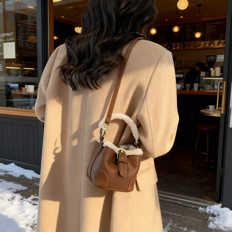 Cordero MINI bolso de cubo de mano retro bolso de peluche de color para mujeres 2025 invierno nuevo mochila de hombro