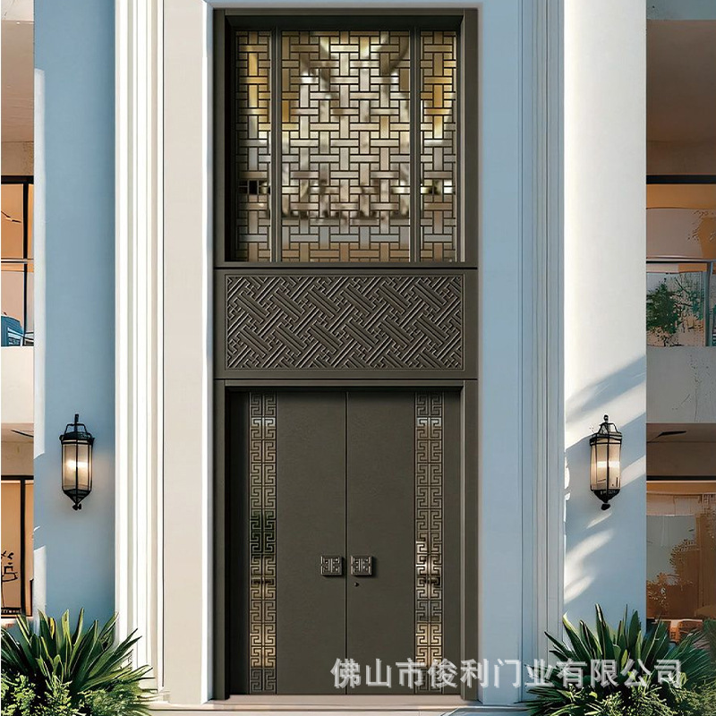Aluminum alloy villa entrance door, villa courtyard double-door, rural self-built house with elevated lintel, cast aluminum entrance door Aluminum alloy villa entrance door, villa courtyard double-door, rural self-built house with elevated lintel, cast aluminum entrance door
