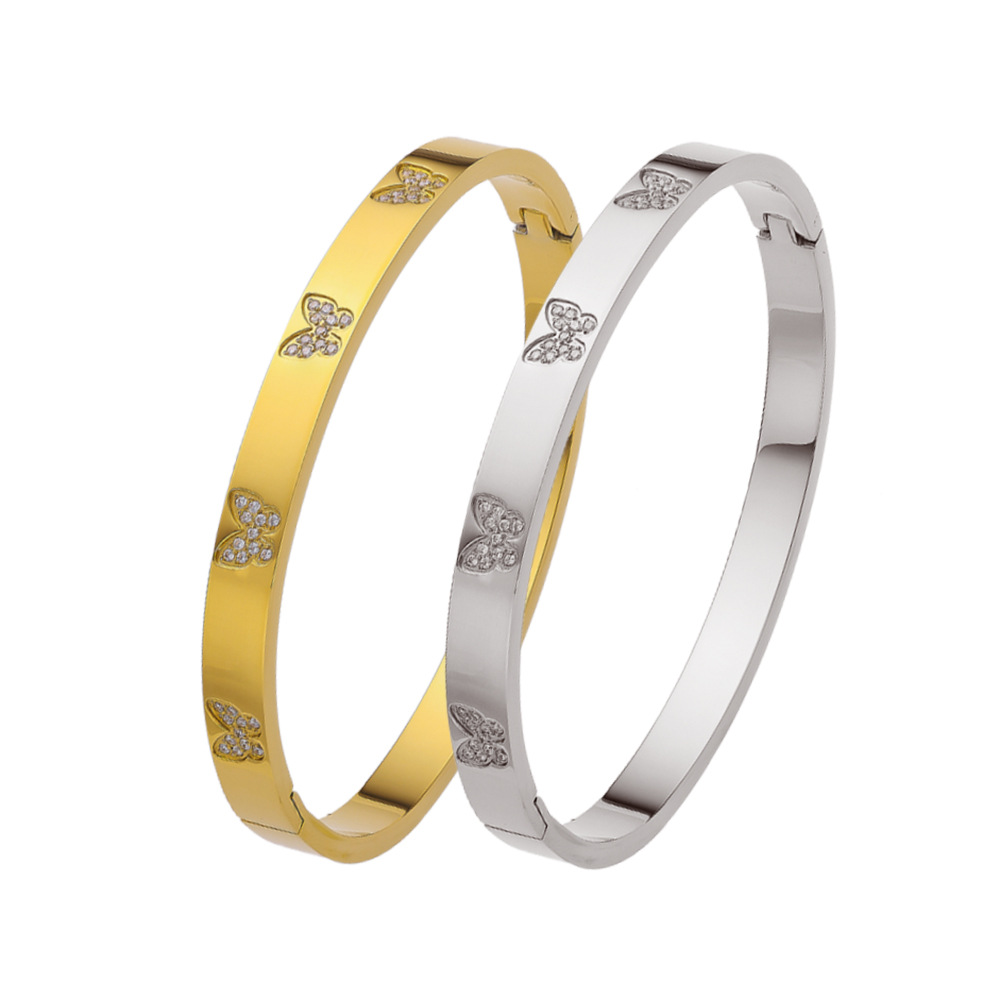 18K Gold Plated Stainless Steel Bracelet Style Versatile Bangle With Gold Butterfly Diamond Clasp Titanium Steel_voghion.com