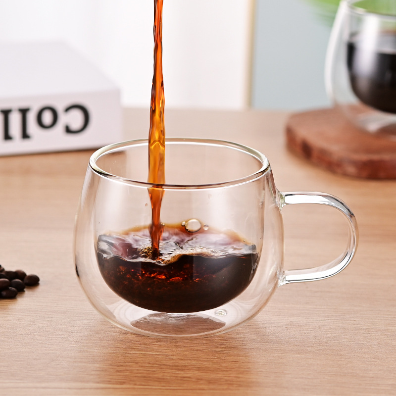 Taza de café doble capa de vidrio de borosilicato con asa, resistente al calor, diseño premium para exportación
