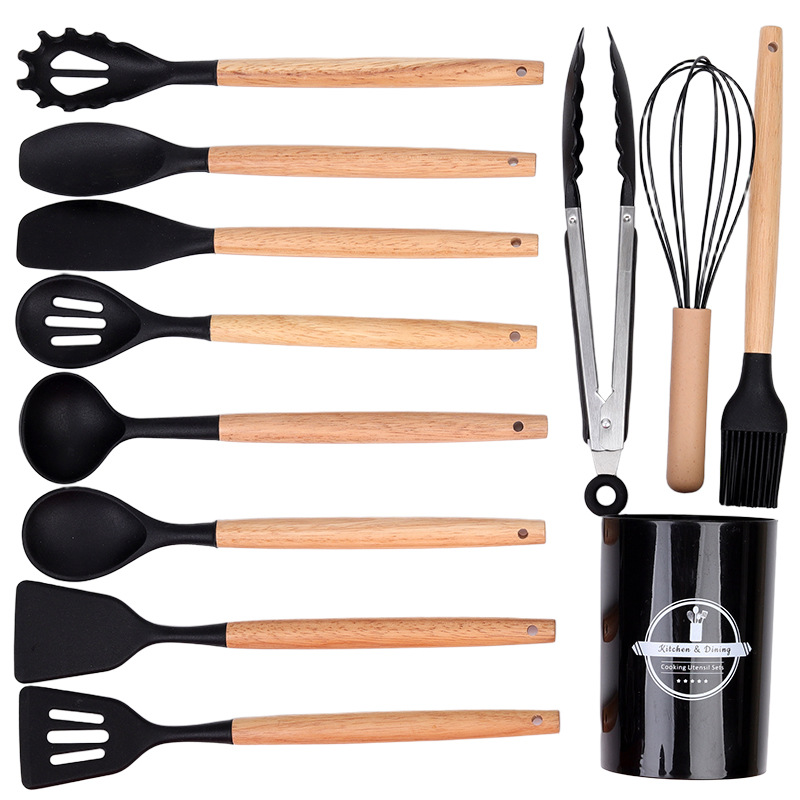 Cocina de cocina transfronteriza de silicona con mango de madera 12 piezas para cocinar cocina antiadherente olla de silicona cuchara colador pala nuevo