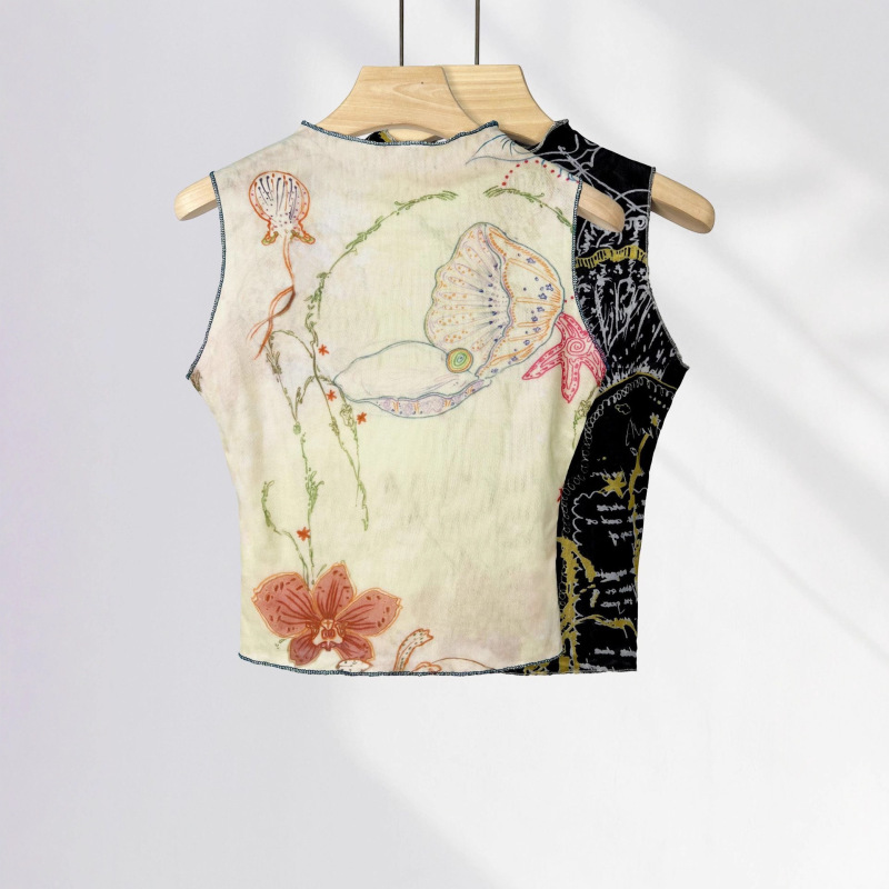 Double-Layer Fabric, Encrypted Hemming, Beautiful Printed Half Turtleneck Short-Sleeved T-Shirt for Women, Pure Sexy Sexy Mesh Shirt