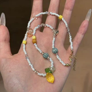 度假风彩色串珠柠檬项链女甜美气质珍珠颈链小众设计感星星锁骨链