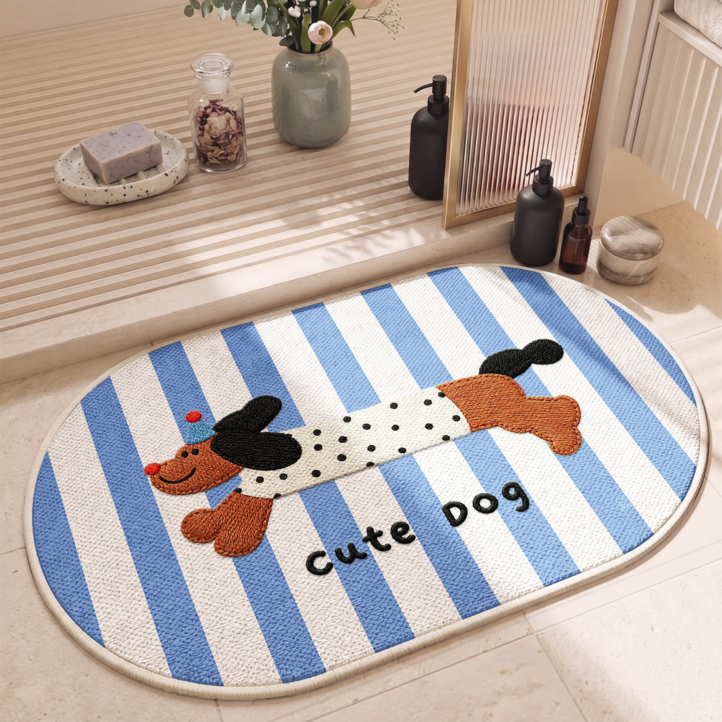 Korean-Style Blue and White Cute Puppy Floor Mat, Bathroom Entrance Water-Absorbent Non-Slip Mat, Diatomaceous Earth Floor Mat, Dropshipping Available