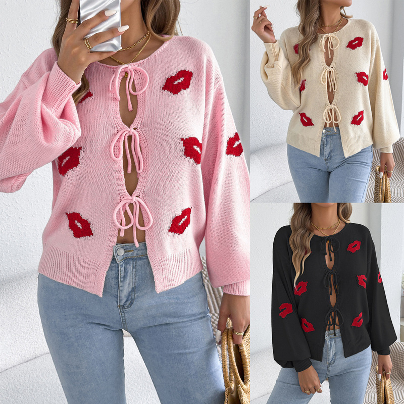 Real Shot of Autumn and Winter European and American Casual Lace-Up Lip Jacquard Lantern Sleeve Pullover Sweater Amazon Cross-Border Women's Clothing