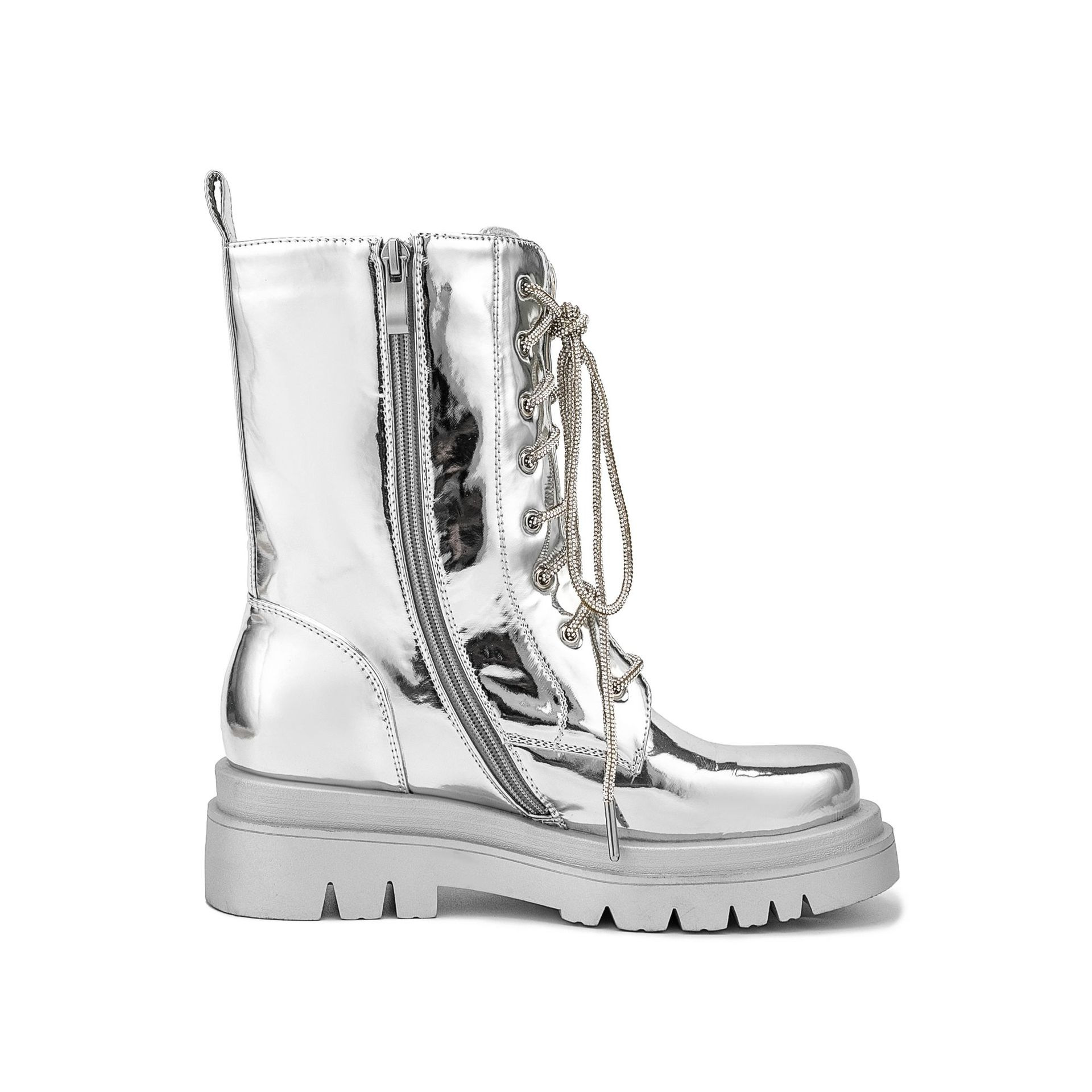Silver patent leather medium chunky heel plus size platform booties punk boots_voghion.com