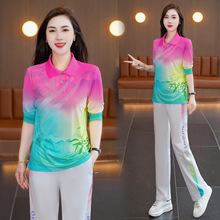 新款广场舞服装女春季时尚套装渐变撞色款休闲运动服装健身服翻领