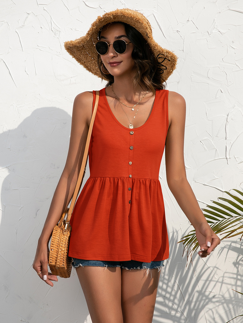 2023 Leisure Resort summer Senza maniche Girocollo in maglia con bottoni_voghion.com