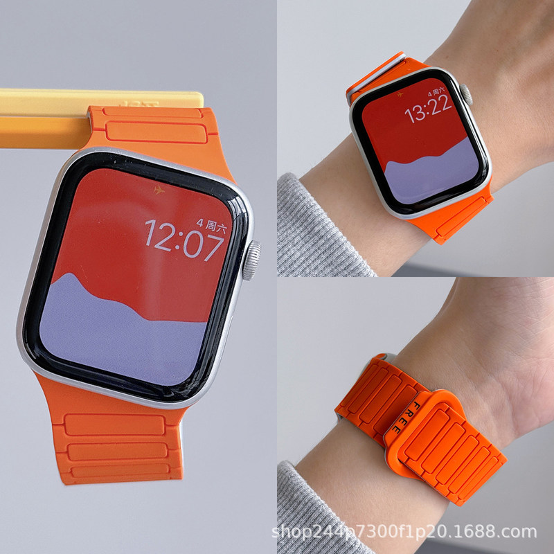 Bevel-cut workwear-style watch strap suitable for Apple Watch iWatch11, silicone magnetic 10 new model, high-end color-blocking watch band