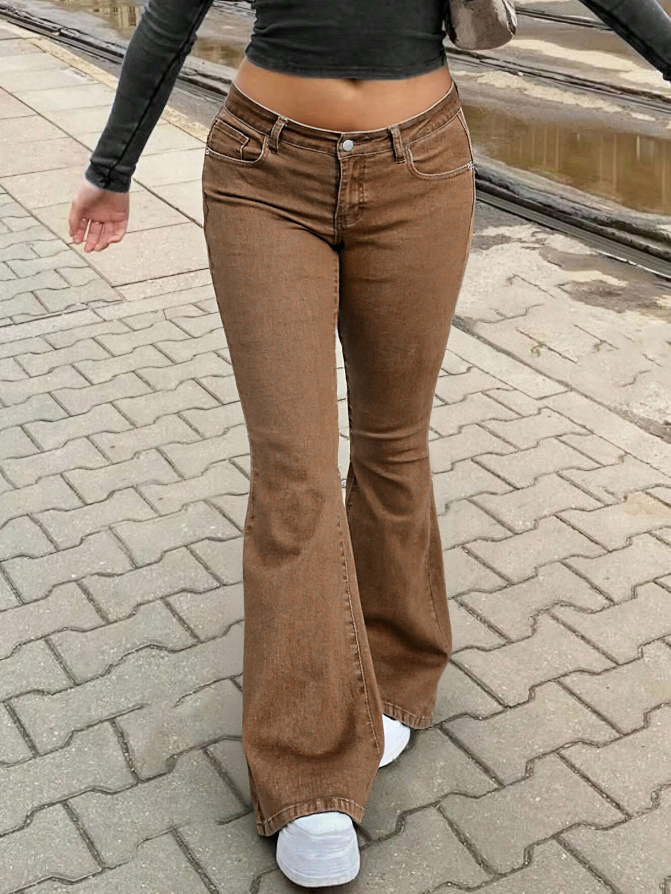 Women's Clothing Brown Flared Denim Jeans For Women, Autumn Slim Fit, Low Waist, Retro Casual Trousers_ecoleips.com