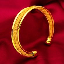 加厚金女款扭纹开口手镯 越南沙金古法麻花手环纯黄铜镀24k金沙金