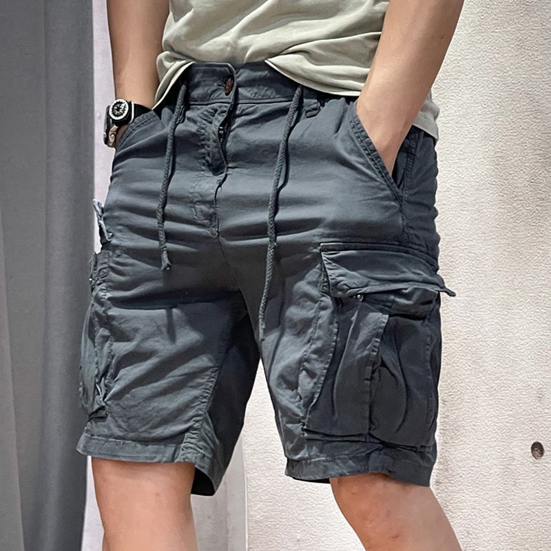 New Men's Summer American-Style Cargo Shorts Trendy Drawstring Large Size Multi-Pocket Versatile Elastic Five-Point Shorts