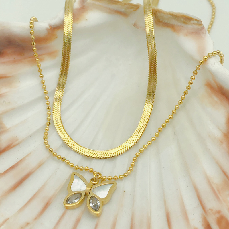 Fashion Butterfly Titanium Steel Inlay Shell Zircon Layered Necklaces 1 Piece