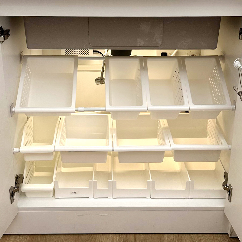 Japanese-style lower sink adds compartment firm baffle wardrobe cabinet telescopic rod nail-free glue telescopic layered storage rack