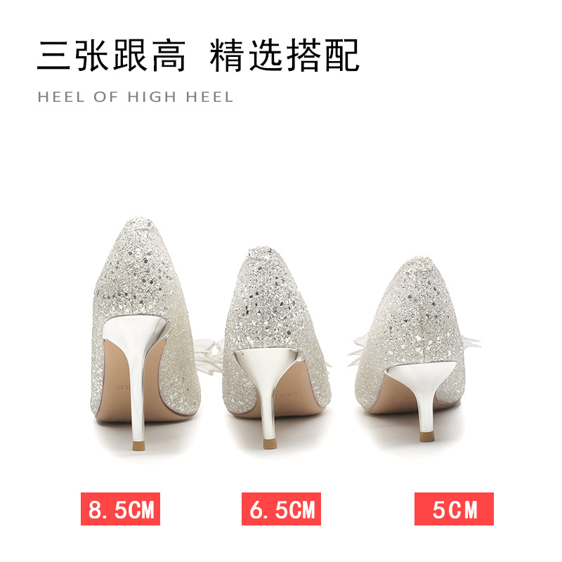 6681-11 French high heels ladies wedding banquet rhinestone bow wedding shoes temperament pointed sequins shoes