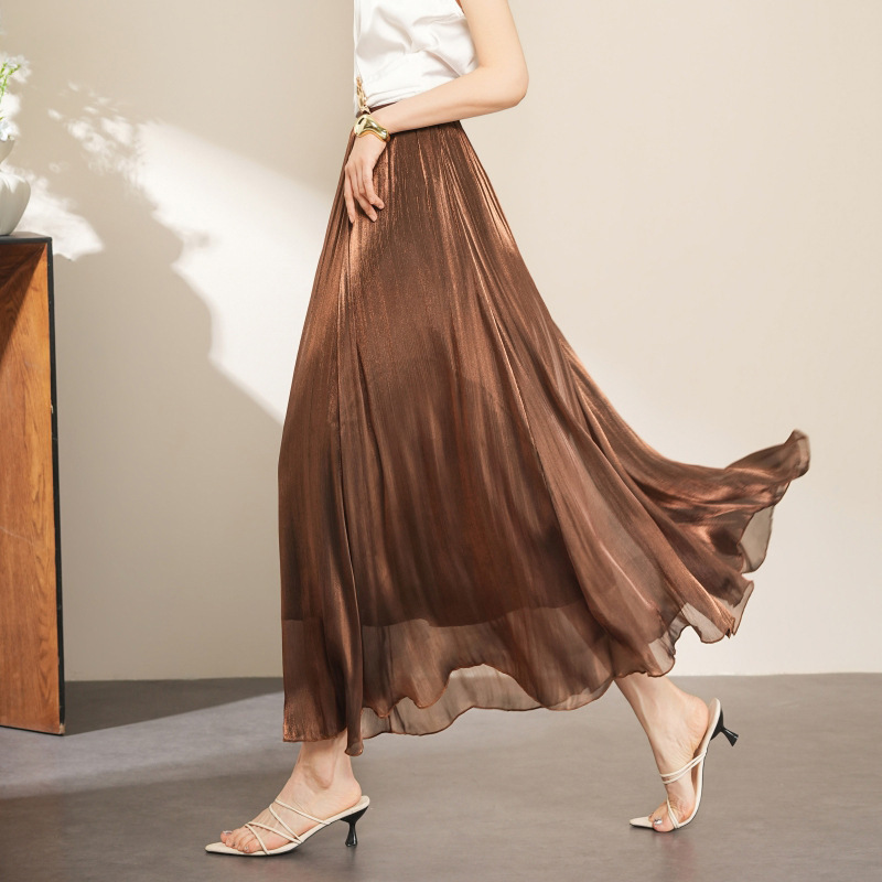 High-End Silk Flowing Pleated Skirt for Women, Spring/Summer 2026 New Style, Drapey A-Line Flared Skirt
