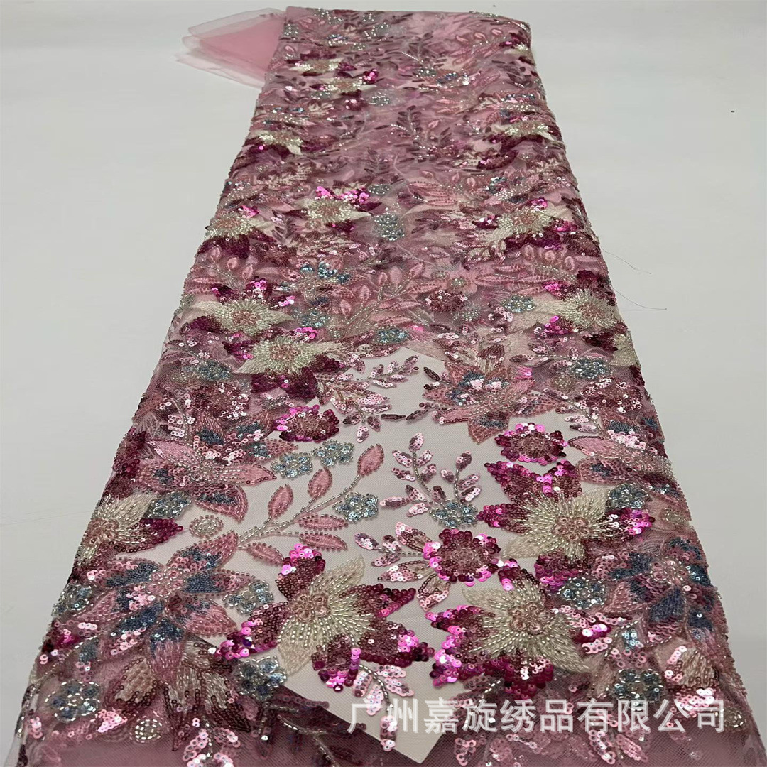 Encaje 3D con flores bordadas en relieve, cuentas, lentejuelas de encaje, vestido, vestido de novia, tela para ropa de espectáculo.