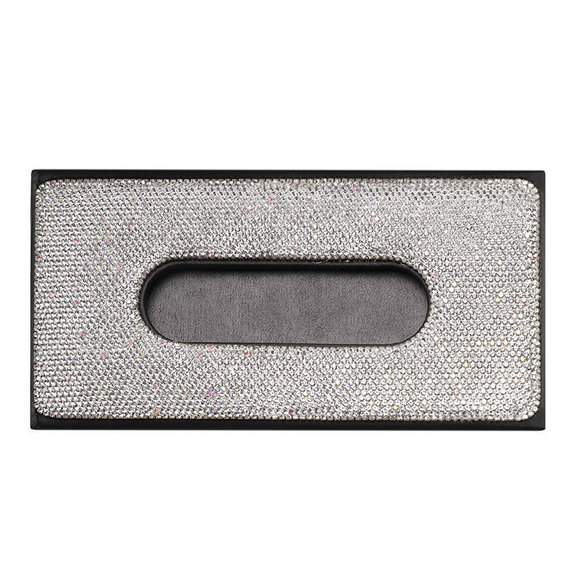 Caja de pañuelos de visera de coche asiento trasero de cuero clip de tejido incrustado de diamantes de imitación de mujer de moda creativa caja de pañuelos de coche