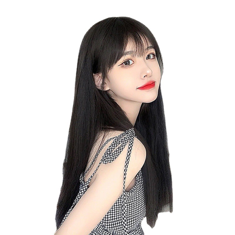 Peluca de fábrica mecanismo de seda de alta temperatura femenina pelo largo negro recto Bangs fibra química cubierta de la cabeza superior completa en stock simulación pelo largo