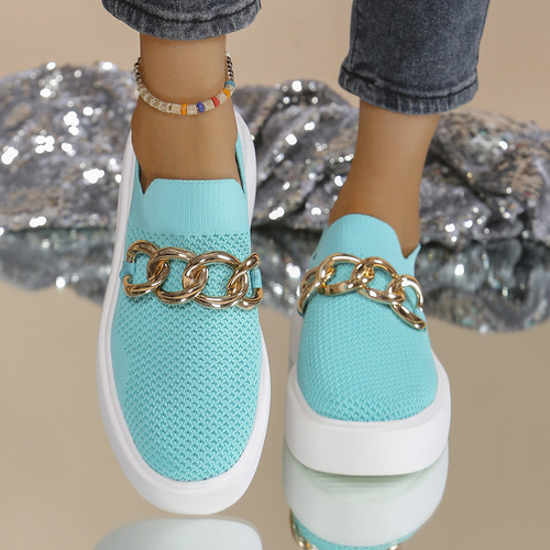 Metal chain wedge thick sole one-piece breathable lightweight mesh women's casual flat shoes for plus sizes