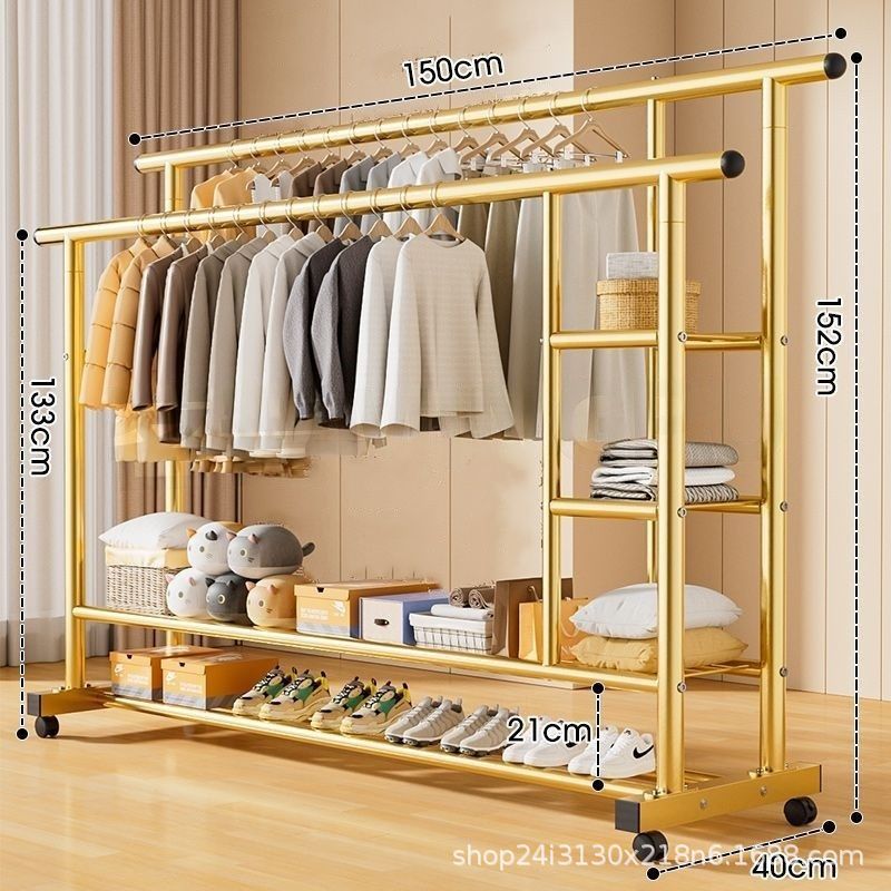 [파이프 직경 25mm] 150cm-골드 이중 평행봉 측면 수납망 + 바퀴