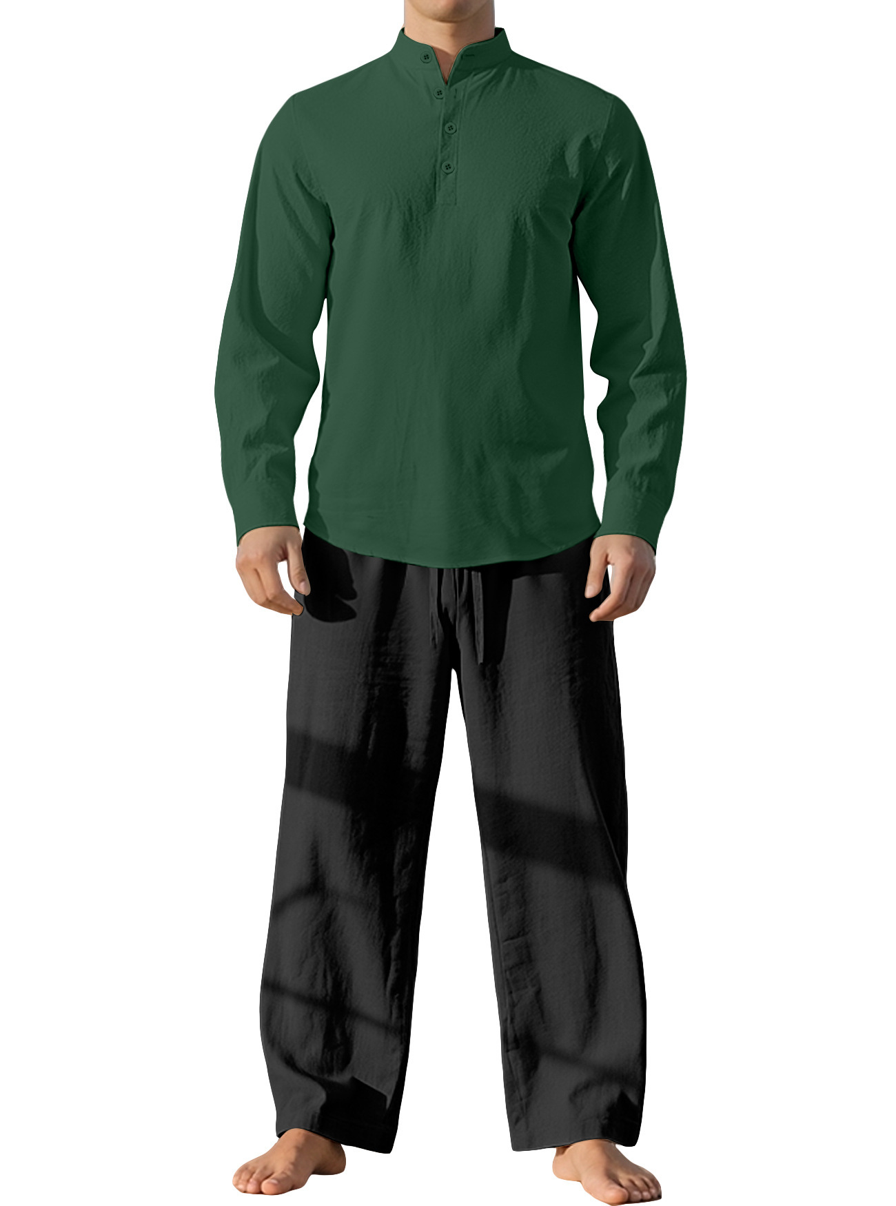 Nuevo transfronterizo Europa y América primavera y otoño delgada camisa de mangas largas deportiva de cuello vertical camisa de color sólido de algodón y lino para hombres
