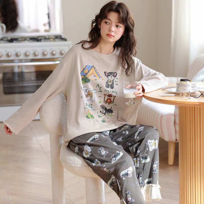 Pajamas for Women, Autumn Wear, Pure Cotton, Round Neck, Long Sleeves, Long Pants, Cartoon Student Style, Cute, Loose and Comfortable Home Wear Set, Winter