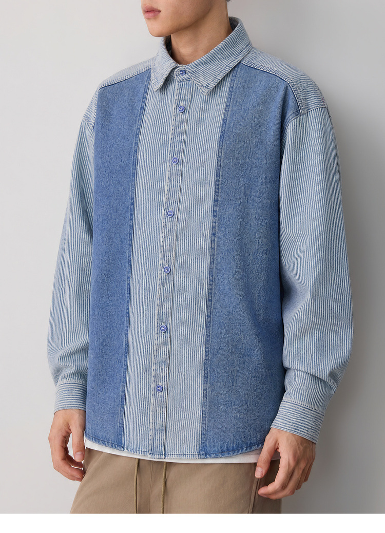 Áo sơ mi denim nam tay dài phong cách cổ điển sọc nối — Cao bồi xanh chi tiết 18