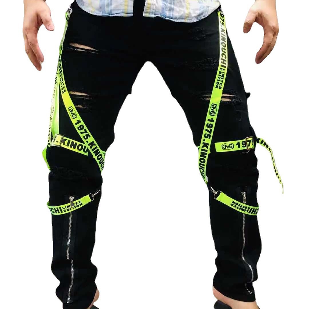 Men's Clothing Men's Personalized Trousers With Webbing Ripped Jeans Skinny Zipper Decoration Slim Men's Trend_voghion.com