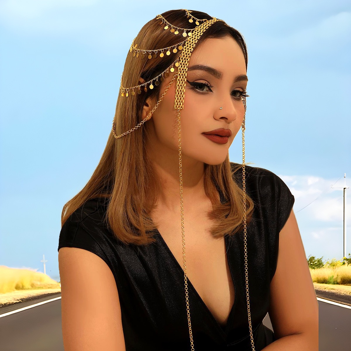 New Creative Arabic Headwear Popular in the Middle East, Gold Alloy Coin Tassel Head Chain Hair Accessory